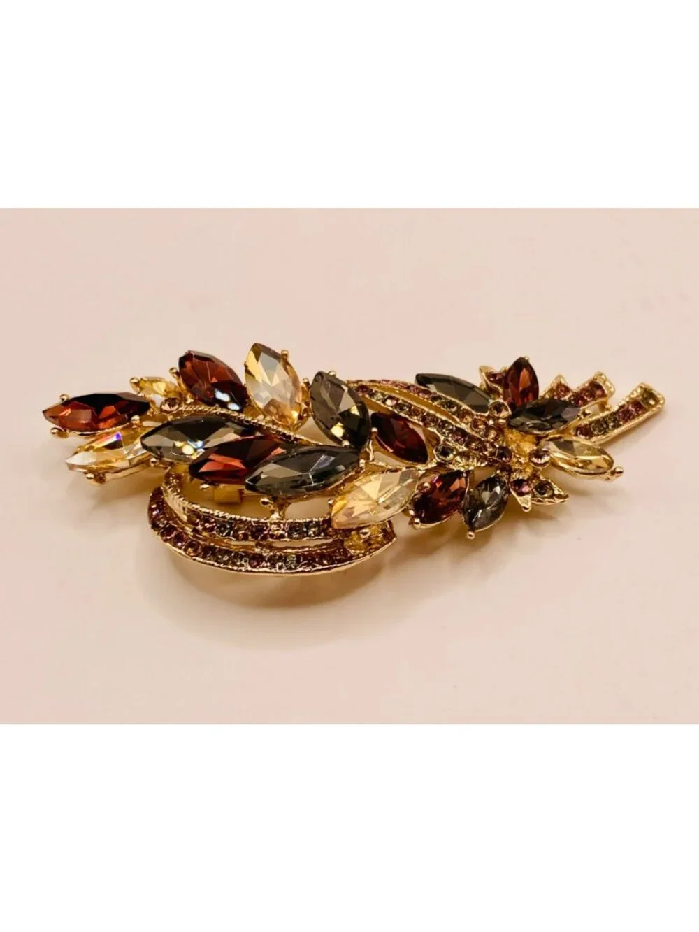 Gold-Tone Floral Brooch Multi-Color Rhinestones Elegant Leaf Design -112B